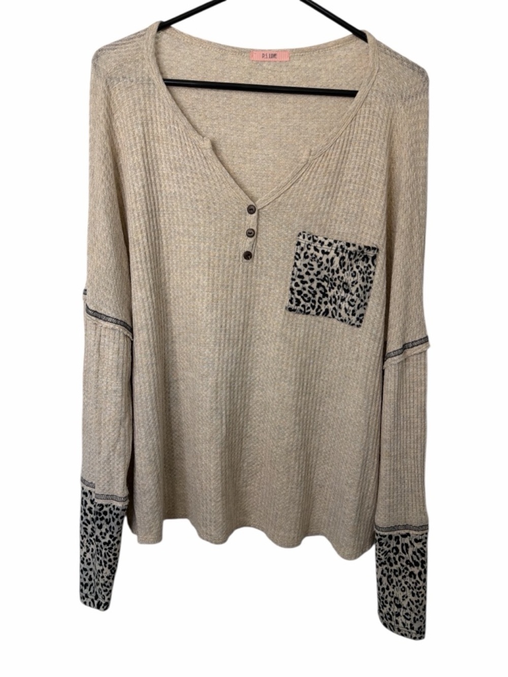 P.S. Love Beige Henley Top with Leopard Trim